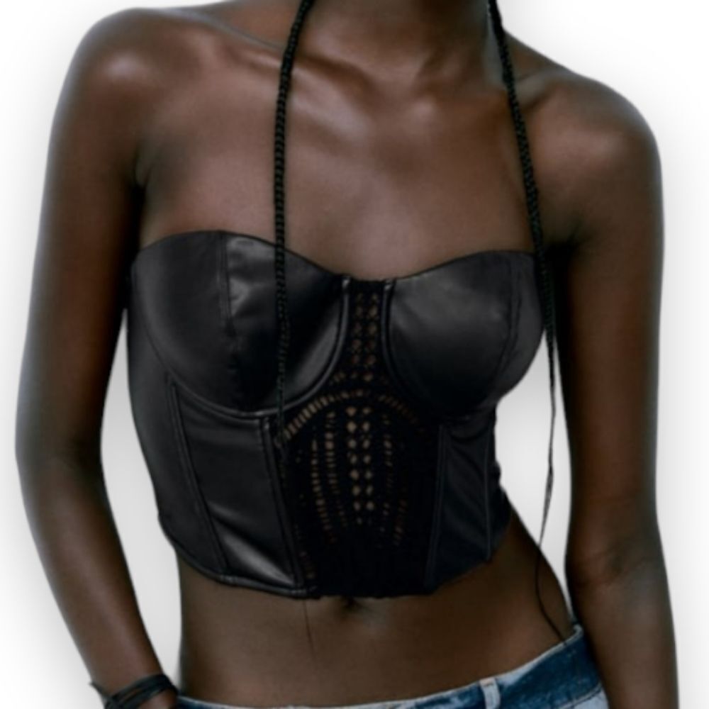 Zara Black Faux Leather & Crochet Corset Underwire Bustier US S